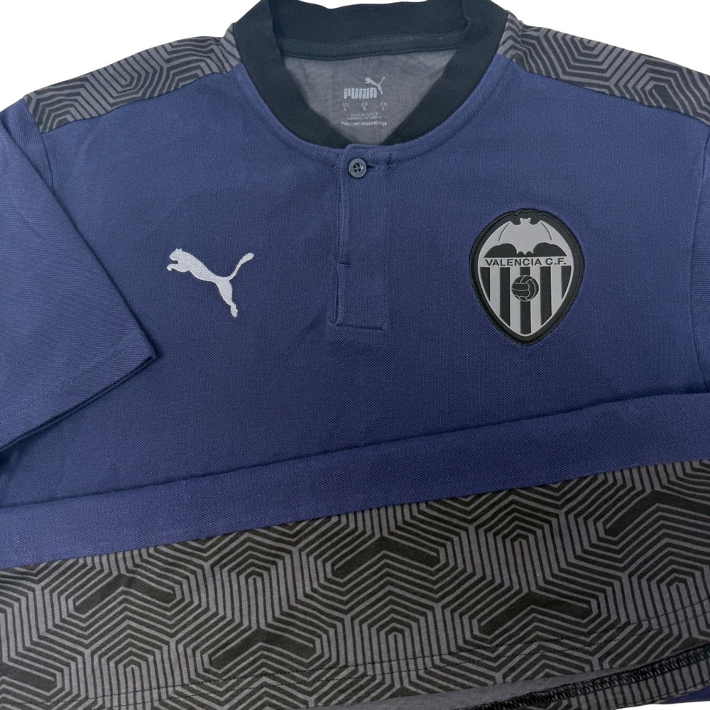 Puma Valencia CF Mens Large Navy Blue Geometric‎ Soccer Henley Polo Shirt